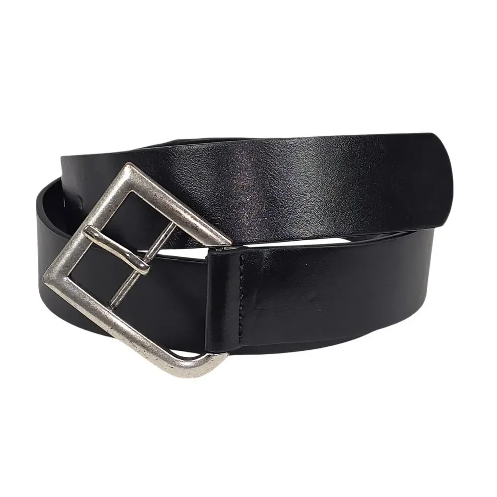MNG (MANGO) GENUINE LEATHER BELT – BLACK/SILVER BUCKLE – WOMEN’S SIZE M (30–34